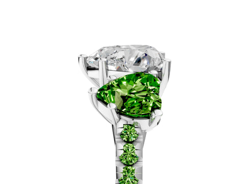 White gold Three-Stone Heart Cut Diamond Ring with Round with Peridot side stone Pavé Band and Prong Setting_5