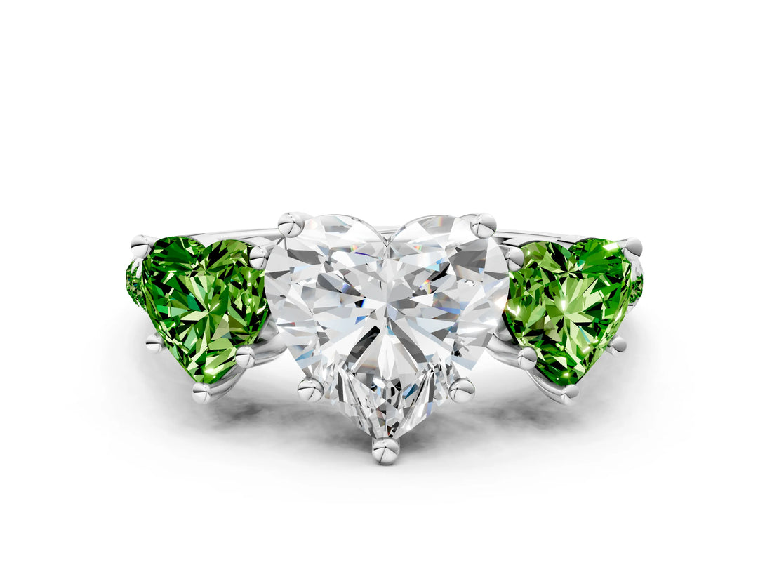 White gold Three-Stone Heart Cut Diamond Ring with Round with Peridot side stone Pavé Band and Prong Setting