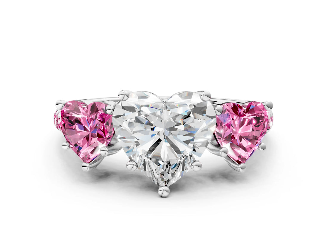 White gold Three-Stone Heart Cut Diamond Ring with Round with Pink Sapphire side stone Pavé Band and Prong Setting_12
