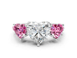 White gold Three-Stone Heart Cut Diamond Ring with Round with Pink Sapphire side stone Pavé Band and Prong Setting_12
