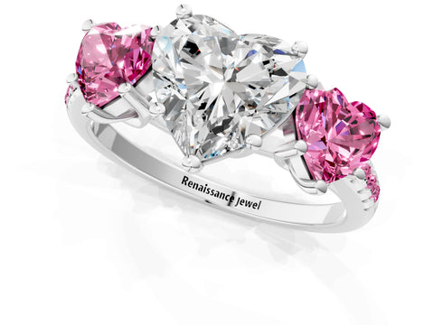 White gold Three-Stone Heart Cut Diamond Ring with Round with Pink Sapphire side stone Pavé Band and Prong Setting_1