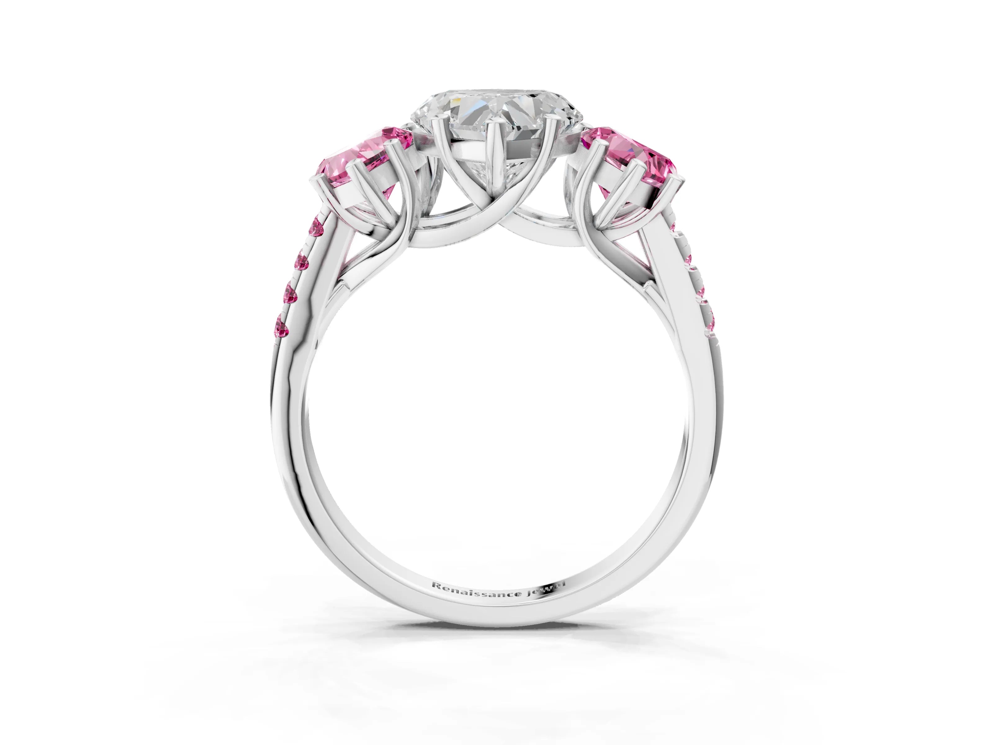 White gold Three-Stone Heart Cut Diamond Ring with Round with Pink Sapphire side stone Pavé Band and Prong Setting_3