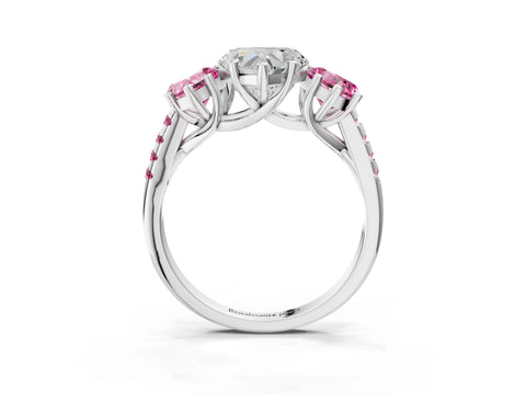 White gold Three-Stone Heart Cut Diamond Ring with Round with Pink Sapphire side stone Pavé Band and Prong Setting_3