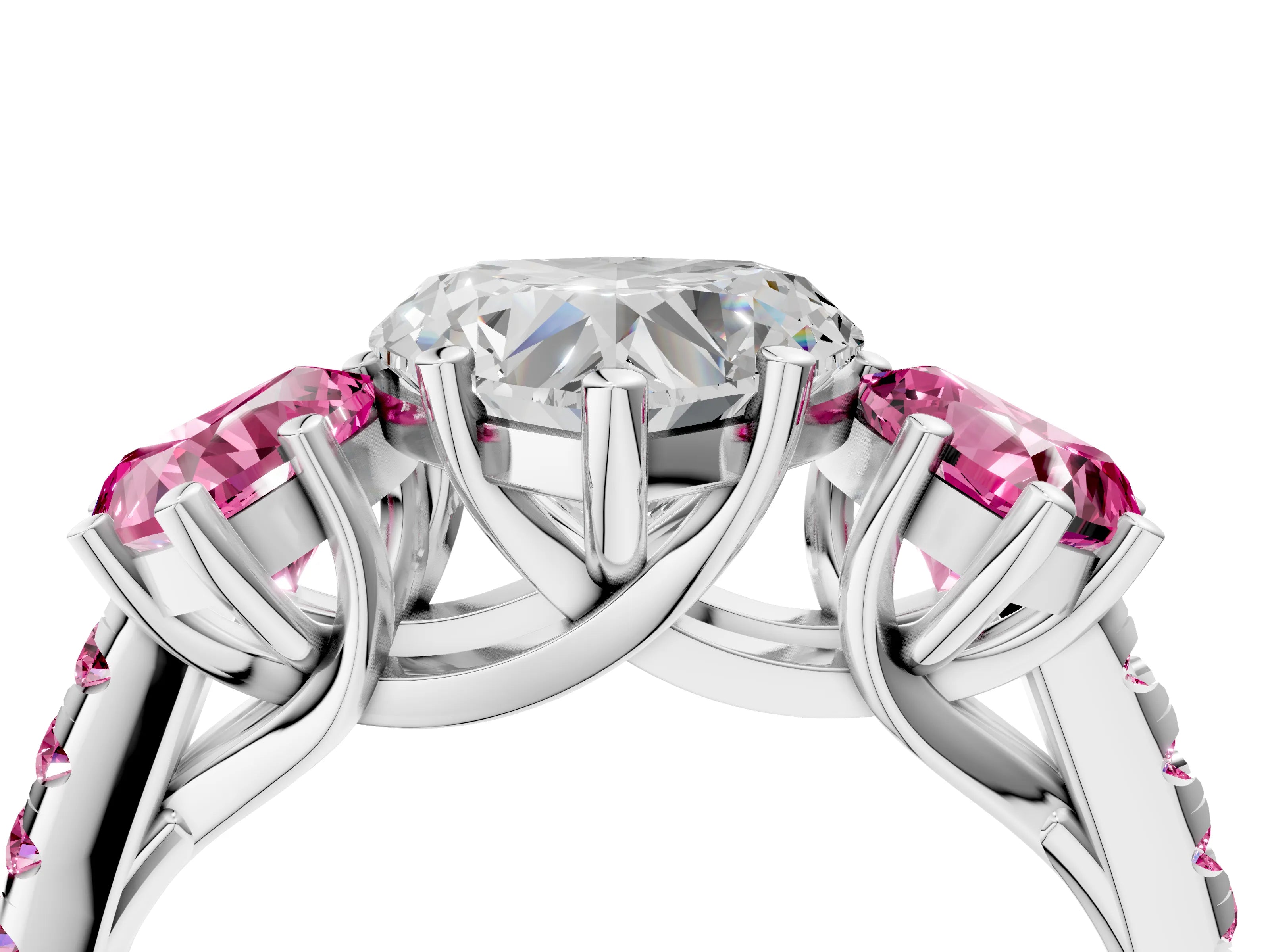 White gold Three-Stone Heart Cut Diamond Ring with Round with Pink Sapphire side stone Pavé Band and Prong Setting_4