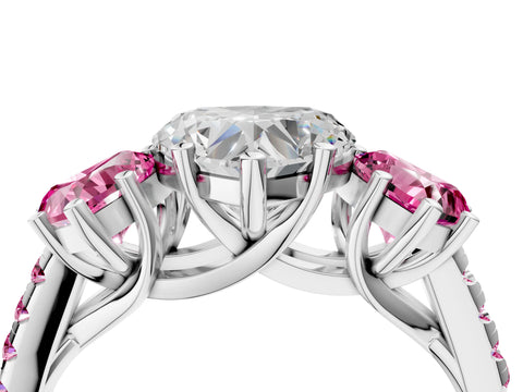White gold Three-Stone Heart Cut Diamond Ring with Round with Pink Sapphire side stone Pavé Band and Prong Setting_4