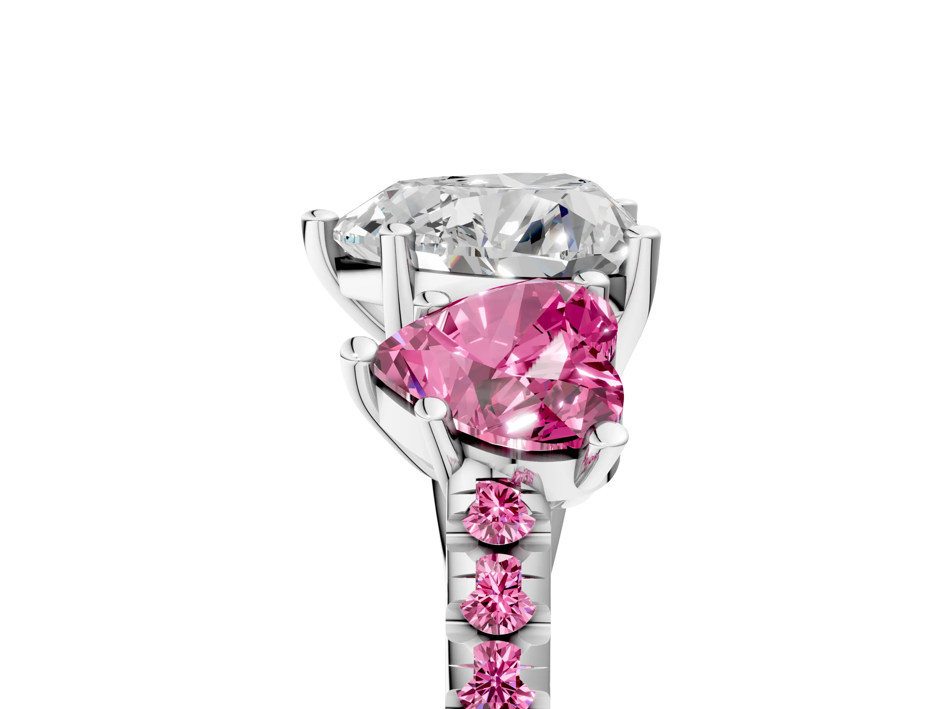 White gold Three-Stone Heart Cut Diamond Ring with Round with Pink Sapphire side stone Pavé Band and Prong Setting_5