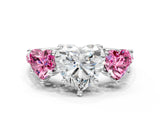White gold Three-Stone Heart Cut Diamond Ring with Round with Pink Sapphire side stone Pavé Band and Prong Setting