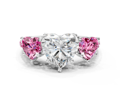 White gold Three-Stone Heart Cut Diamond Ring with Round with Pink Sapphire side stone Pavé Band and Prong Setting