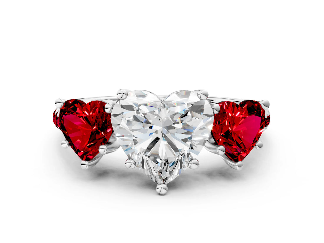 White gold Three-Stone Heart Cut Diamond Ring with Round with Ruby side stone Pavé Band and Prong Setting_12