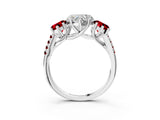 White gold Three-Stone Heart Cut Diamond Ring with Round with Ruby side stone Pavé Band and Prong Setting_15