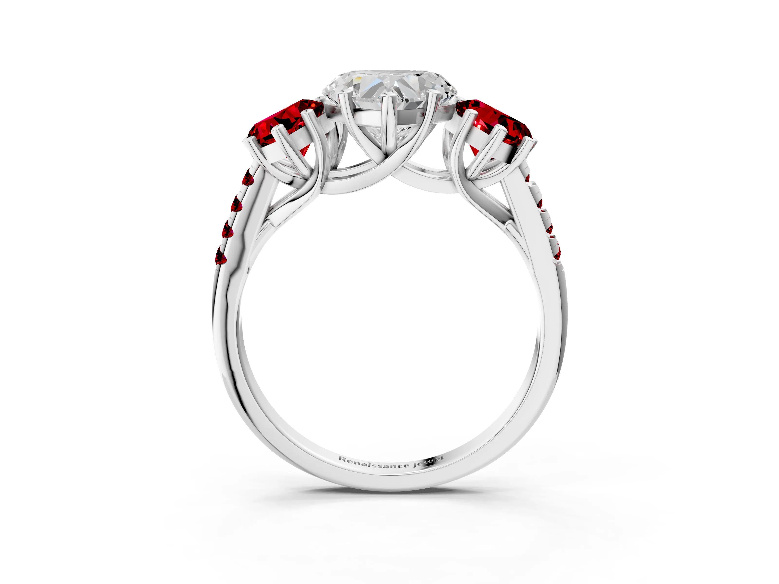 White gold Three-Stone Heart Cut Diamond Ring with Round with Ruby side stone Pavé Band and Prong Setting_3