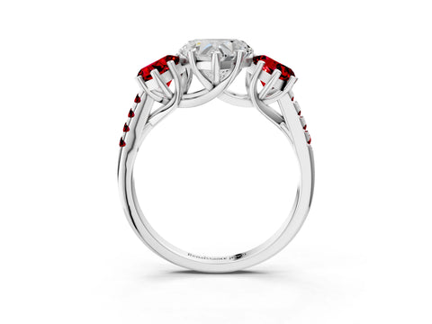 White gold Three-Stone Heart Cut Diamond Ring with Round with Ruby side stone Pavé Band and Prong Setting_3
