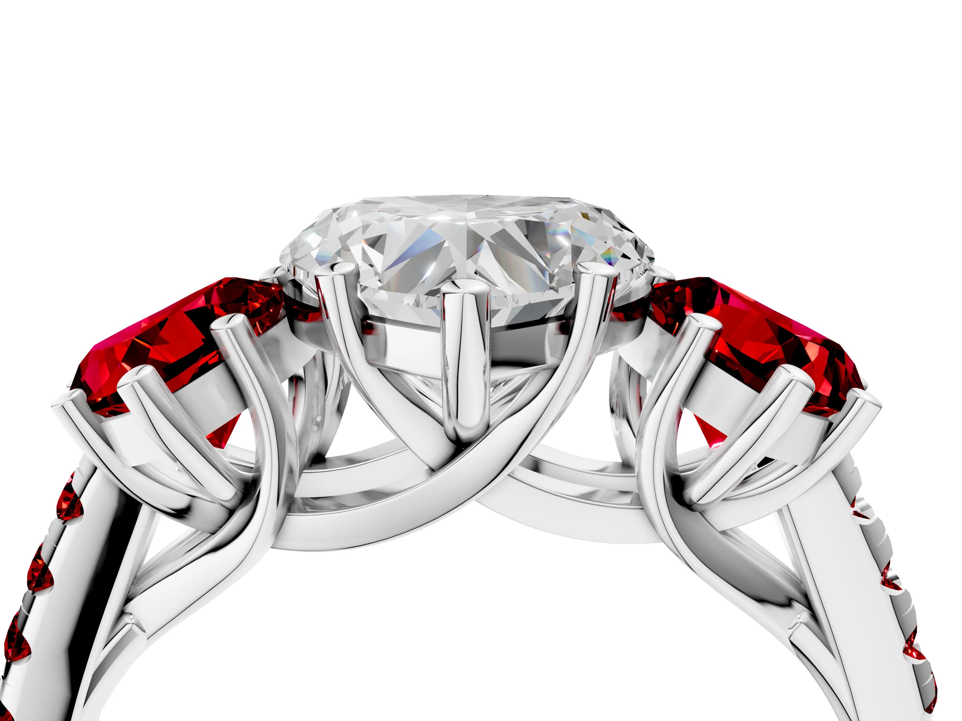 White gold Three-Stone Heart Cut Diamond Ring with Round with Ruby side stone Pavé Band and Prong Setting_4