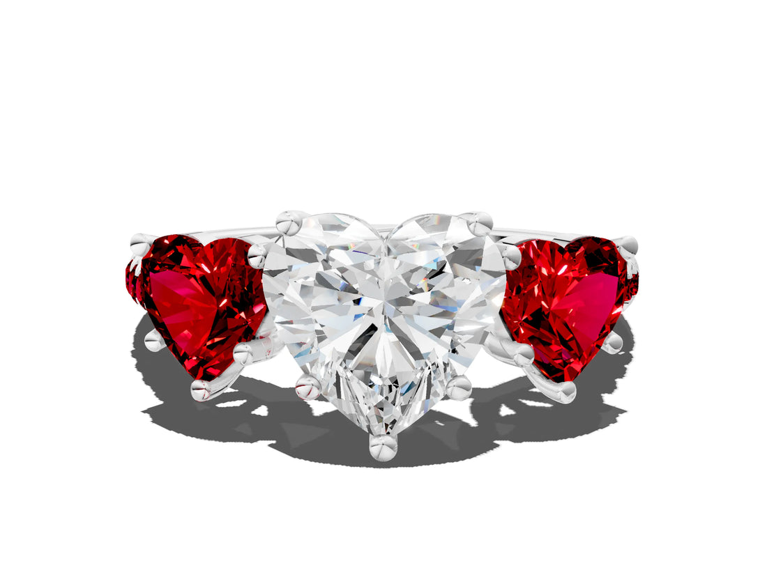 White gold Three-Stone Heart Cut Diamond Ring with Round with Ruby side stone Pavé Band and Prong Setting