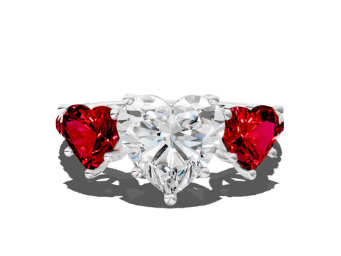 White gold Three-Stone Heart Cut Diamond Ring with Round with Ruby side stone Pavé Band and Prong Setting