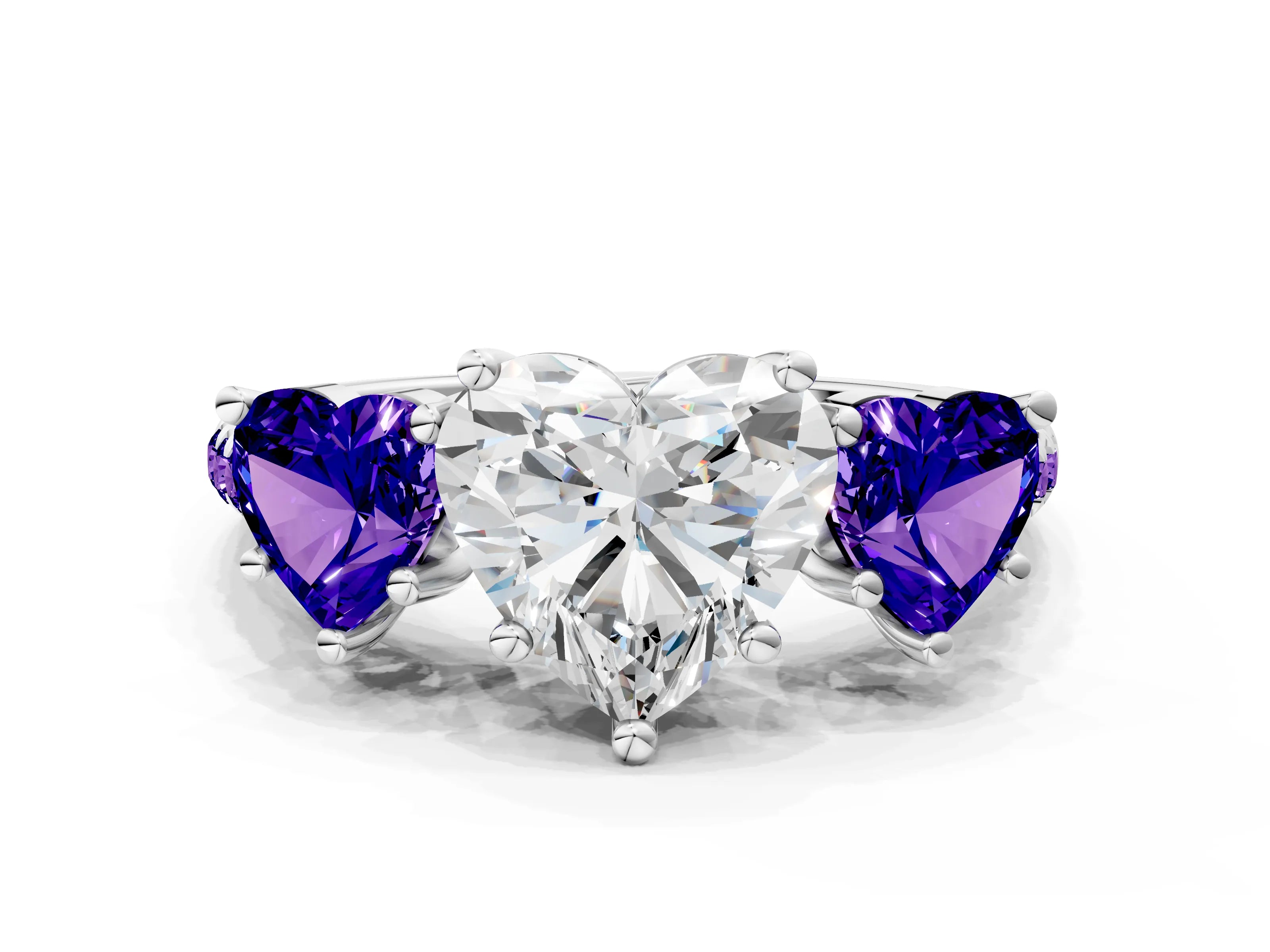 White gold Three-Stone Heart Cut Diamond Ring with Round with Tanzanite side stone Pavé Band and Prong Setting