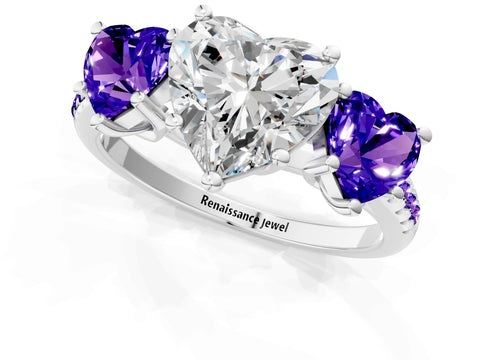 White gold Three-Stone Heart Cut Diamond Ring with Round with Tanzanite side stone Pavé Band and Prong Setting_1