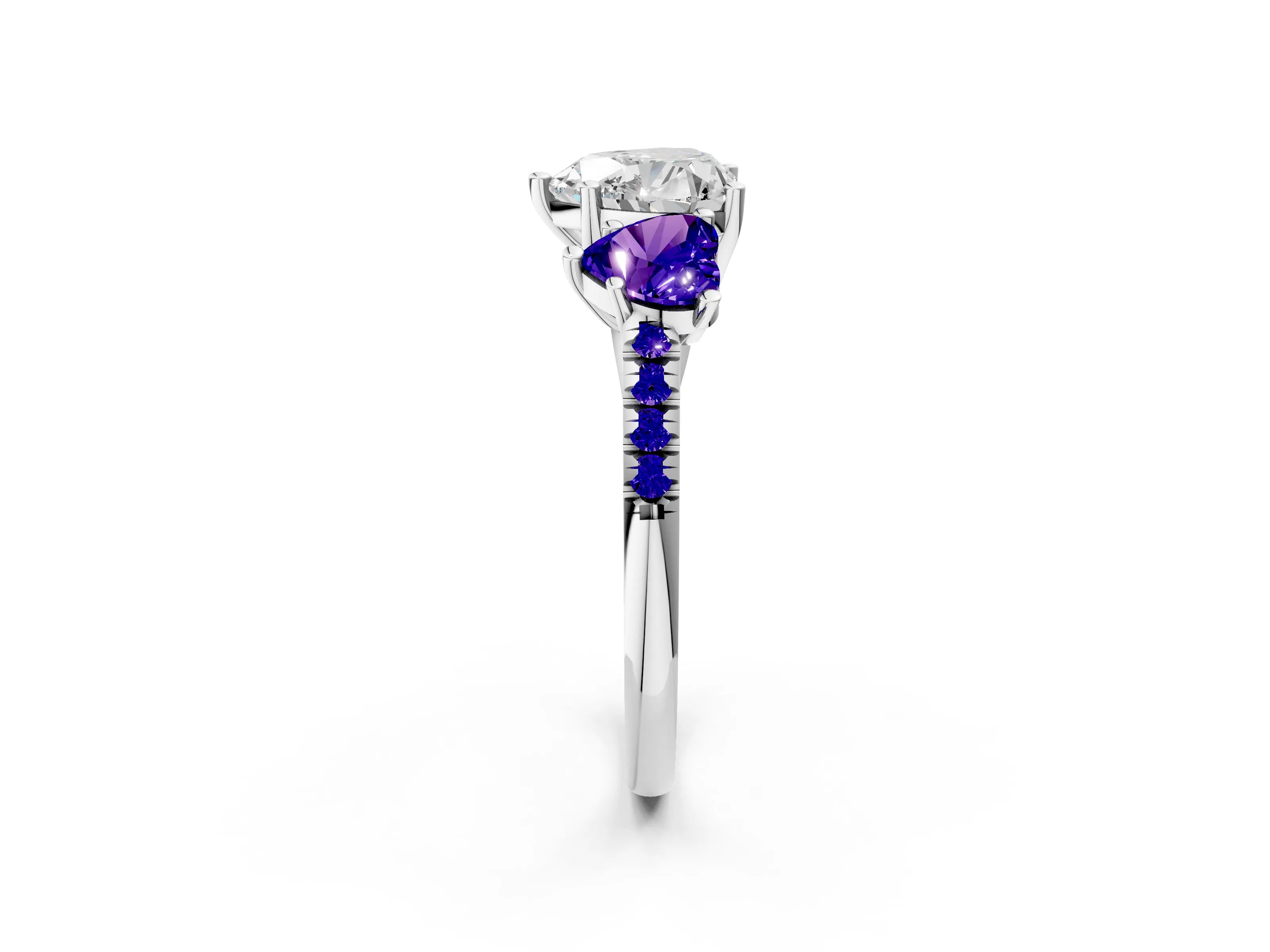 White gold Three-Stone Heart Cut Diamond Ring with Round with Tanzanite side stone Pavé Band and Prong Setting_2