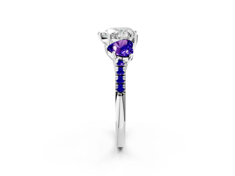 White gold Three-Stone Heart Cut Diamond Ring with Round with Tanzanite side stone Pavé Band and Prong Setting_2