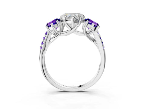 White gold Three-Stone Heart Cut Diamond Ring with Round with Tanzanite side stone Pavé Band and Prong Setting_3