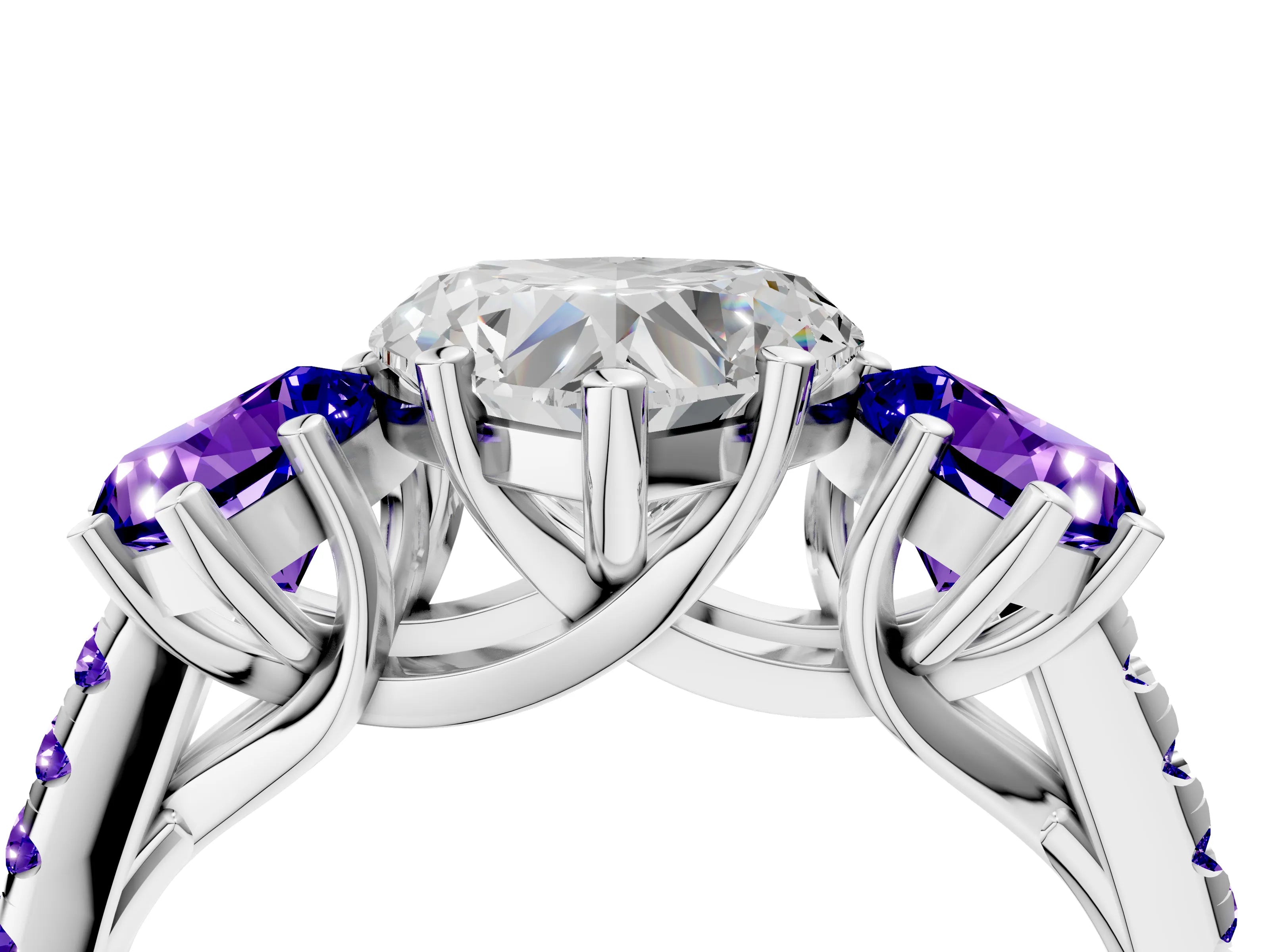 White gold Three-Stone Heart Cut Diamond Ring with Round with Tanzanite side stone Pavé Band and Prong Setting_4