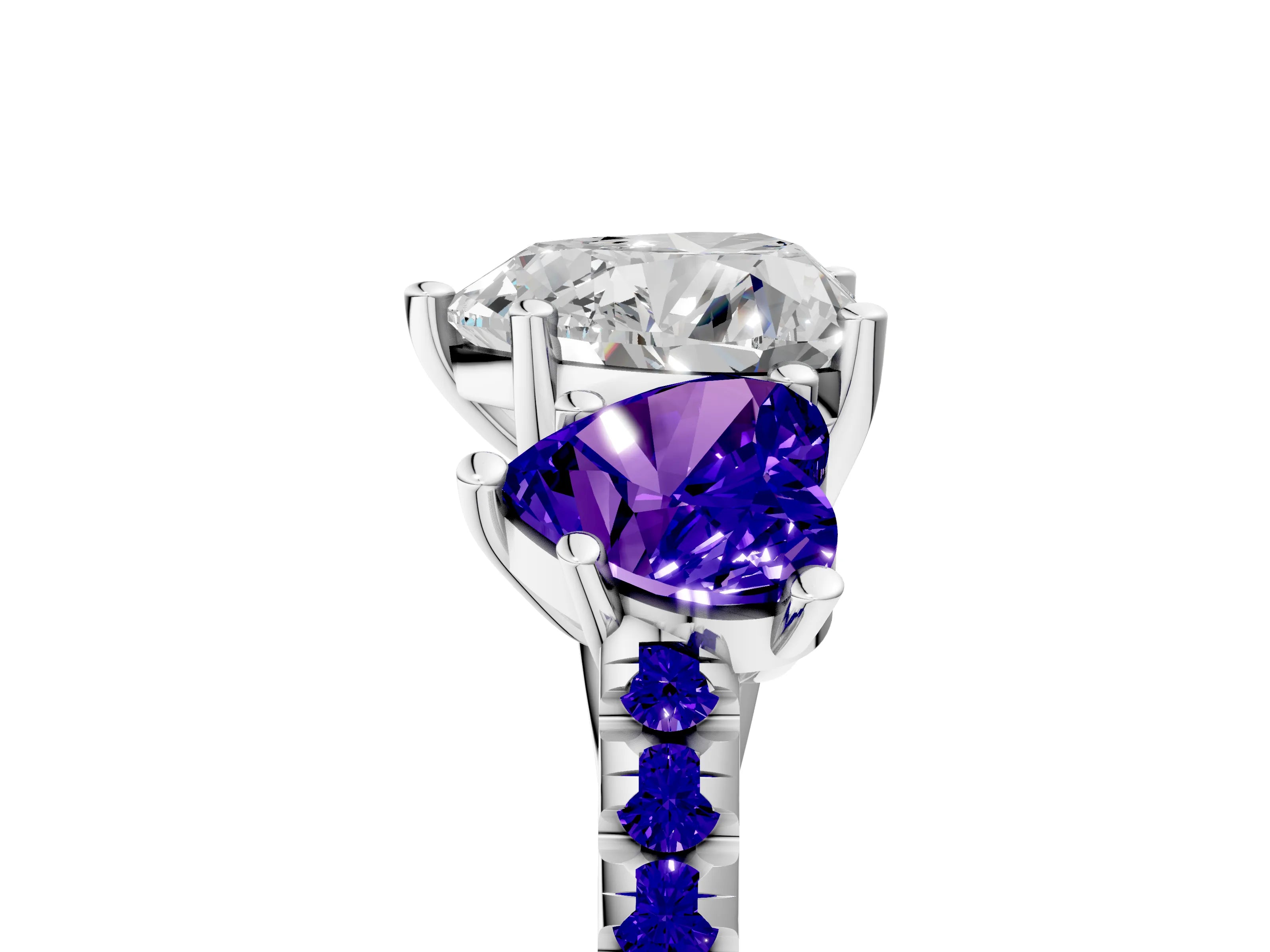 White gold Three-Stone Heart Cut Diamond Ring with Round with Tanzanite side stone Pavé Band and Prong Setting_5