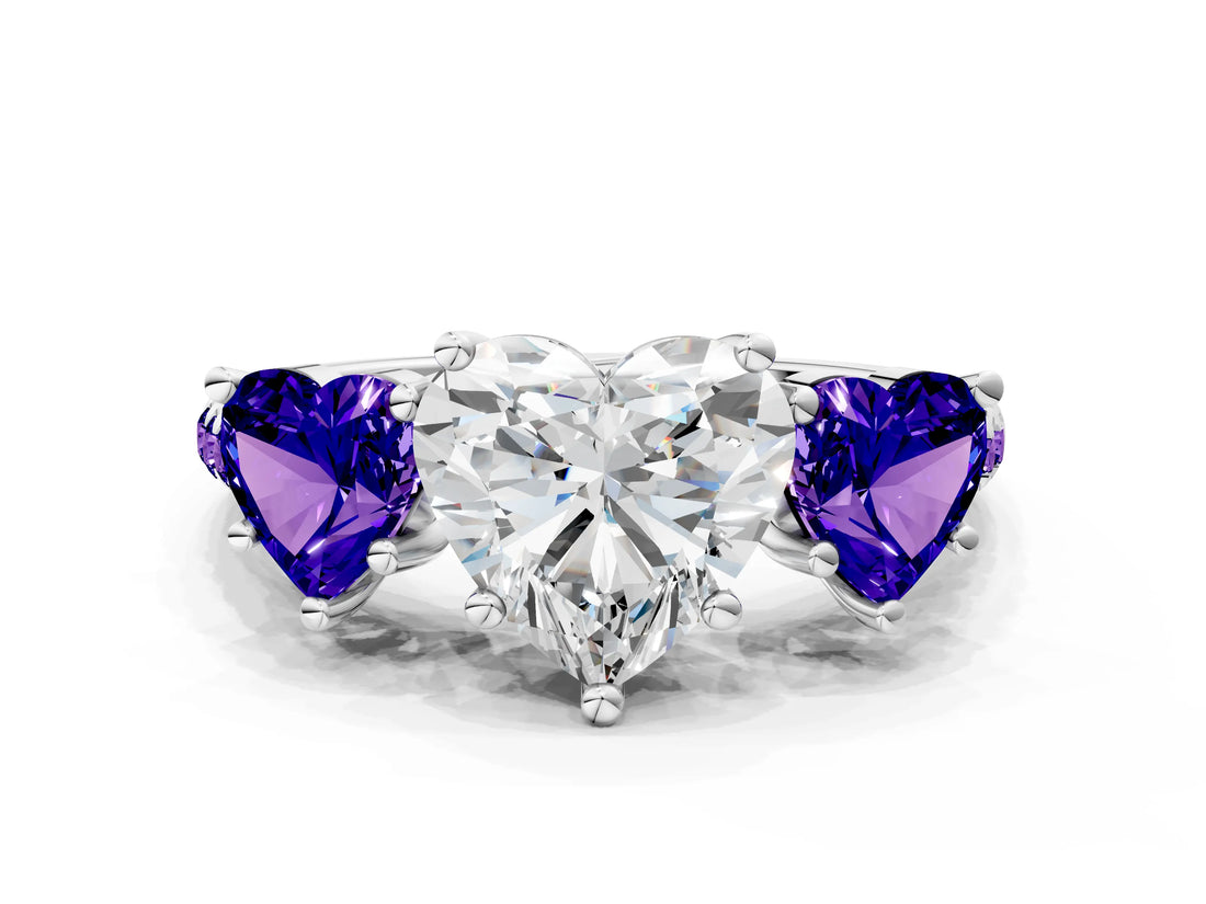 White gold Three-Stone Heart Cut Diamond Ring with Round with Tanzanite side stone Pavé Band and Prong Setting