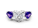 White gold Three-Stone Heart Cut Diamond Ring with Round with Tanzanite side stone Pavé Band and Prong Setting