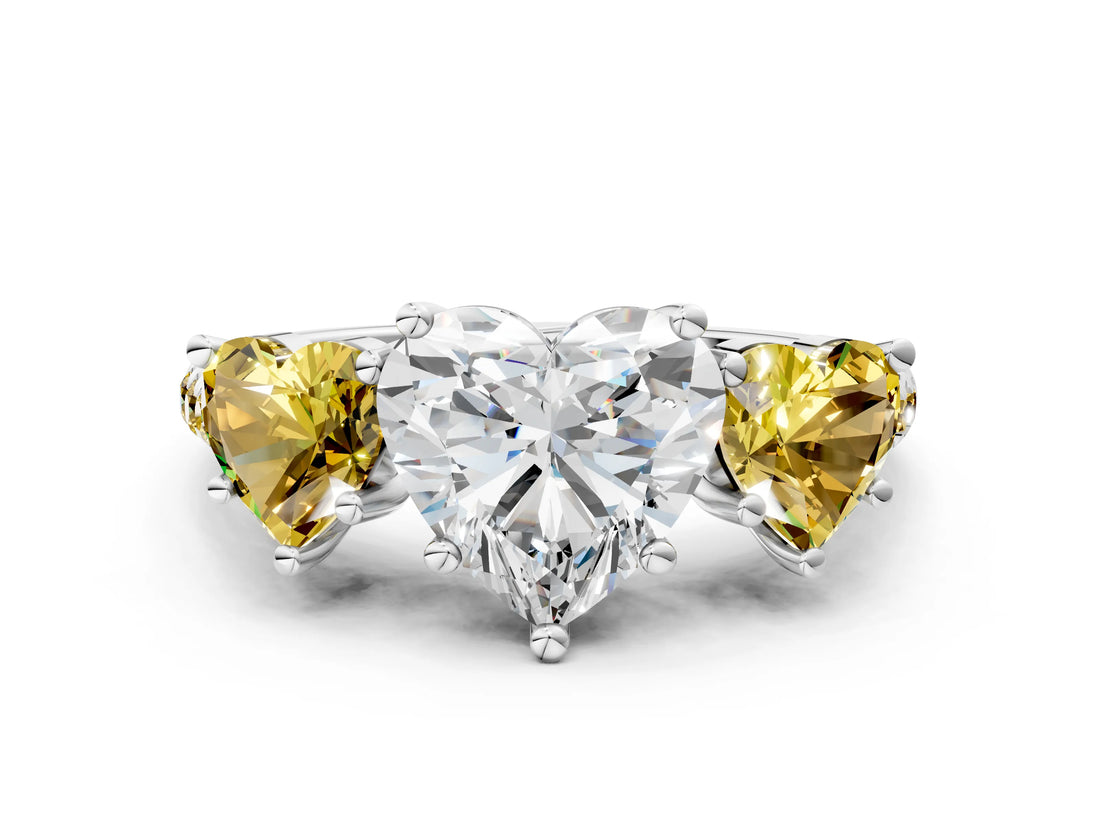 White gold Three-Stone Heart Cut Diamond Ring with Round with Yellow Sapphire side stone Pavé Band and Prong Setting