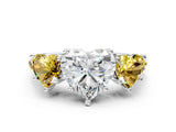 White gold Three-Stone Heart Cut Diamond Ring with Round with Yellow Sapphire side stone Pavé Band and Prong Setting
