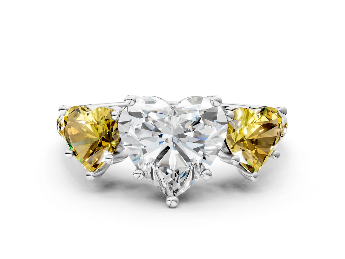 White gold Three-Stone Heart Cut Diamond Ring with Round with Yellow Sapphire side stone Pavé Band and Prong Setting_12