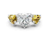 White gold Three-Stone Heart Cut Diamond Ring with Round with Yellow Sapphire side stone Pavé Band and Prong Setting_12