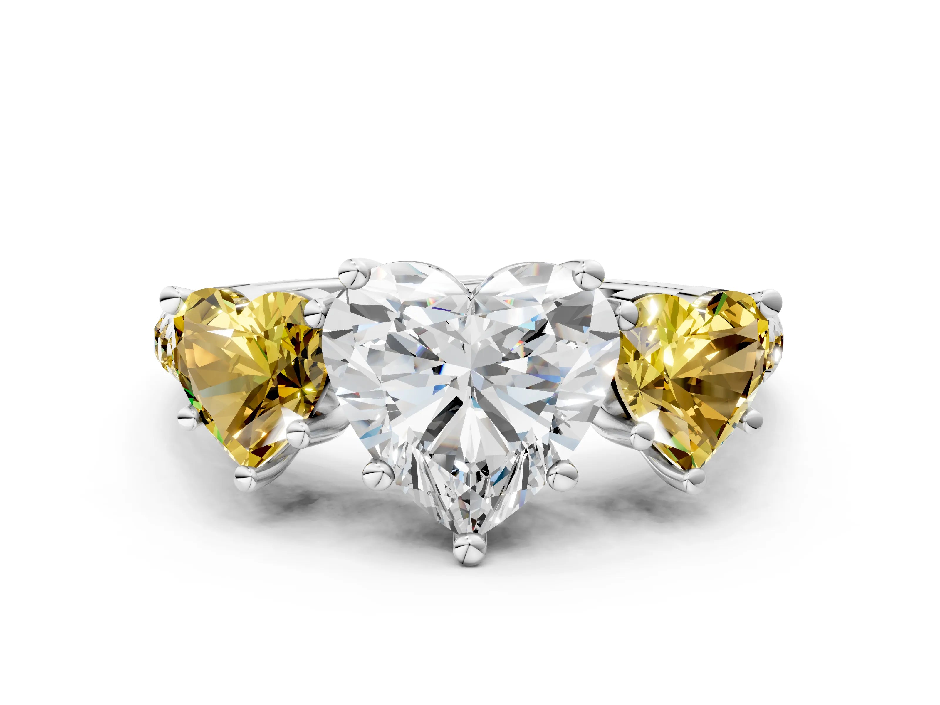 White gold Three-Stone Heart Cut Diamond Ring with Round with Yellow Sapphire side stone Pavé Band and Prong Setting