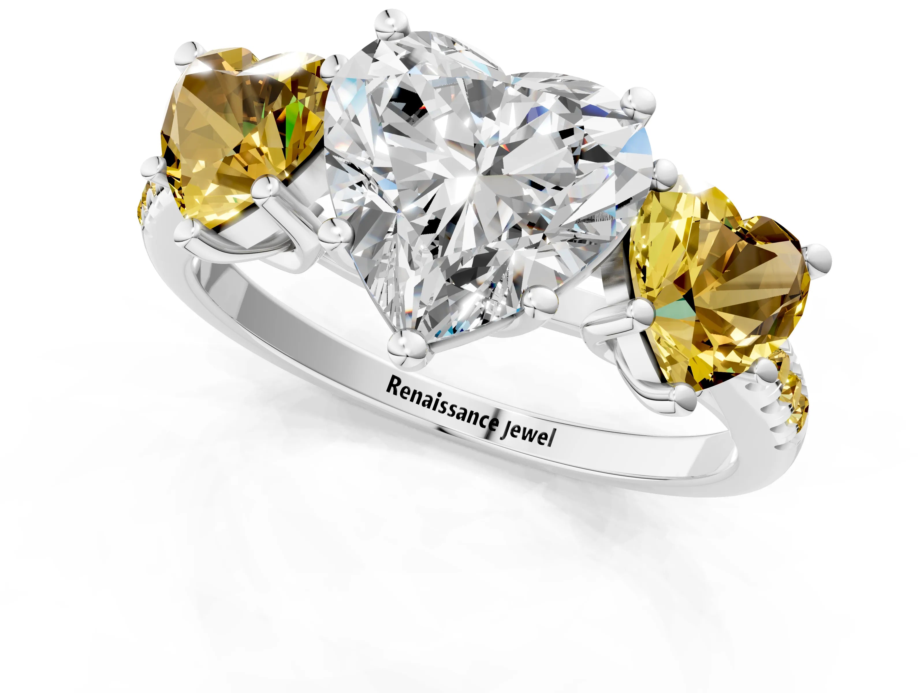 White gold Three-Stone Heart Cut Diamond Ring with Round with Yellow Sapphire side stone Pavé Band and Prong Setting_1