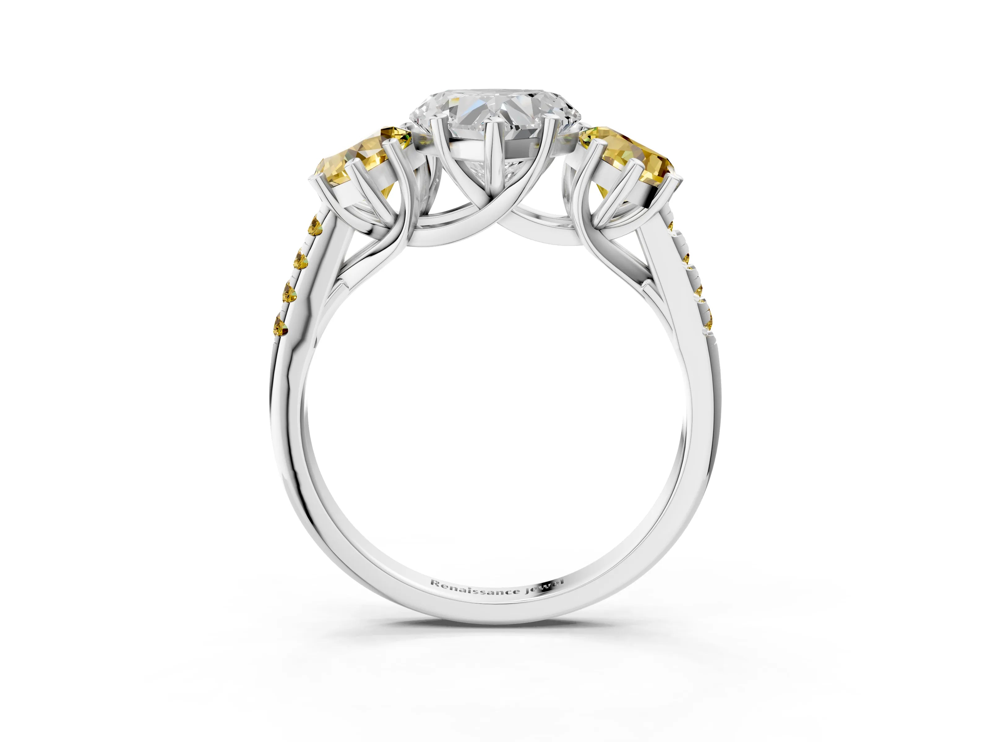 White gold Three-Stone Heart Cut Diamond Ring with Round with Yellow Sapphire side stone Pavé Band and Prong Setting_3