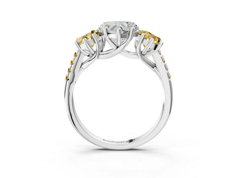 White gold Three-Stone Heart Cut Diamond Ring with Round with Yellow Sapphire side stone Pavé Band and Prong Setting_3