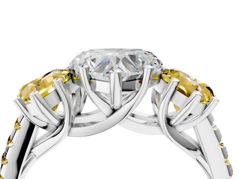 White gold Three-Stone Heart Cut Diamond Ring with Round with Yellow Sapphire side stone Pavé Band and Prong Setting_4