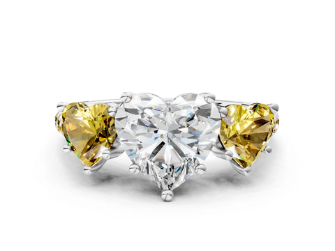 White gold Three-Stone Heart Cut Diamond Ring with Round with Yellow Sapphire side stone Pavé Band and Prong Setting