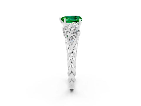 White gold Three-Stone Heart Cut Emerald Braided Band Ring with Four-Prong Setting_47