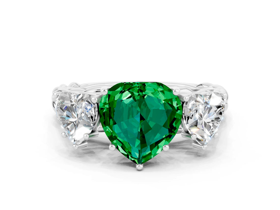 White gold Three-Stone Heart Cut Emerald Braided Band Ring with Four-Prong Setting_48