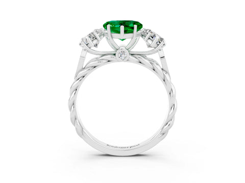 White gold Three-Stone Heart Cut Emerald Braided Band Ring with Four-Prong Setting_48