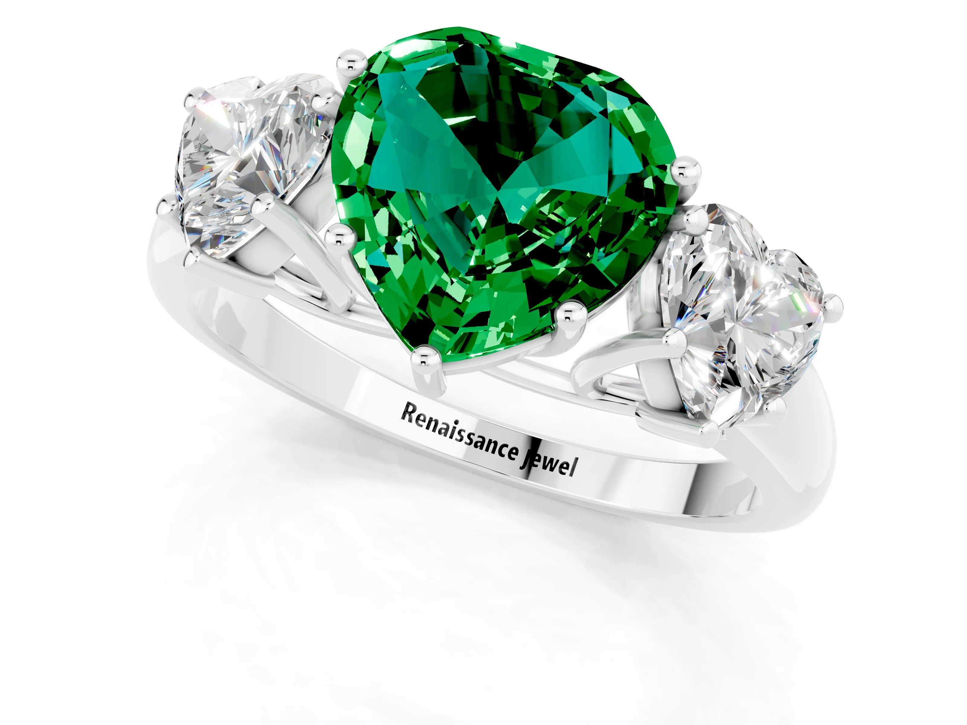White gold Three-Stone Heart Cut Emerald Engagement Ring with Prong Setting_1