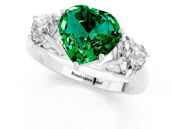 Silver Three-Stone Heart Cut Emerald Engagement Ring with Prong Setting