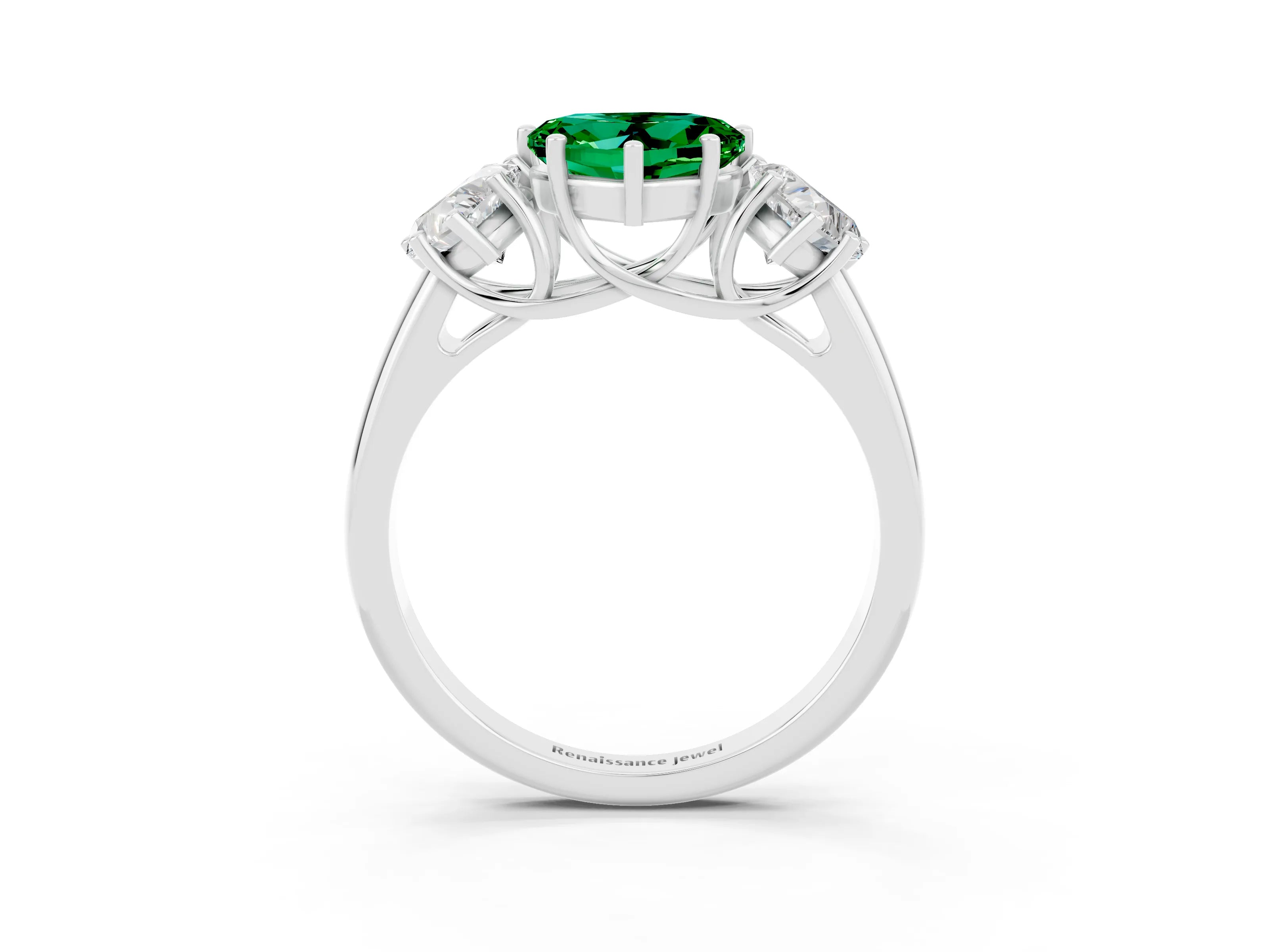 White gold Three-Stone Heart Cut Emerald Engagement Ring with Prong Setting_3