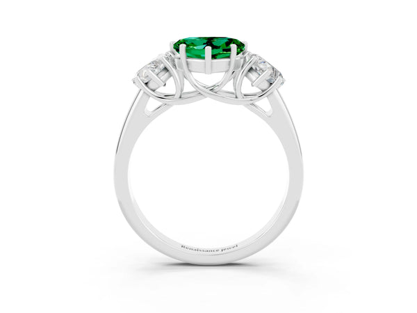 Silver Three-Stone Heart Cut Emerald Engagement Ring with Prong Setting