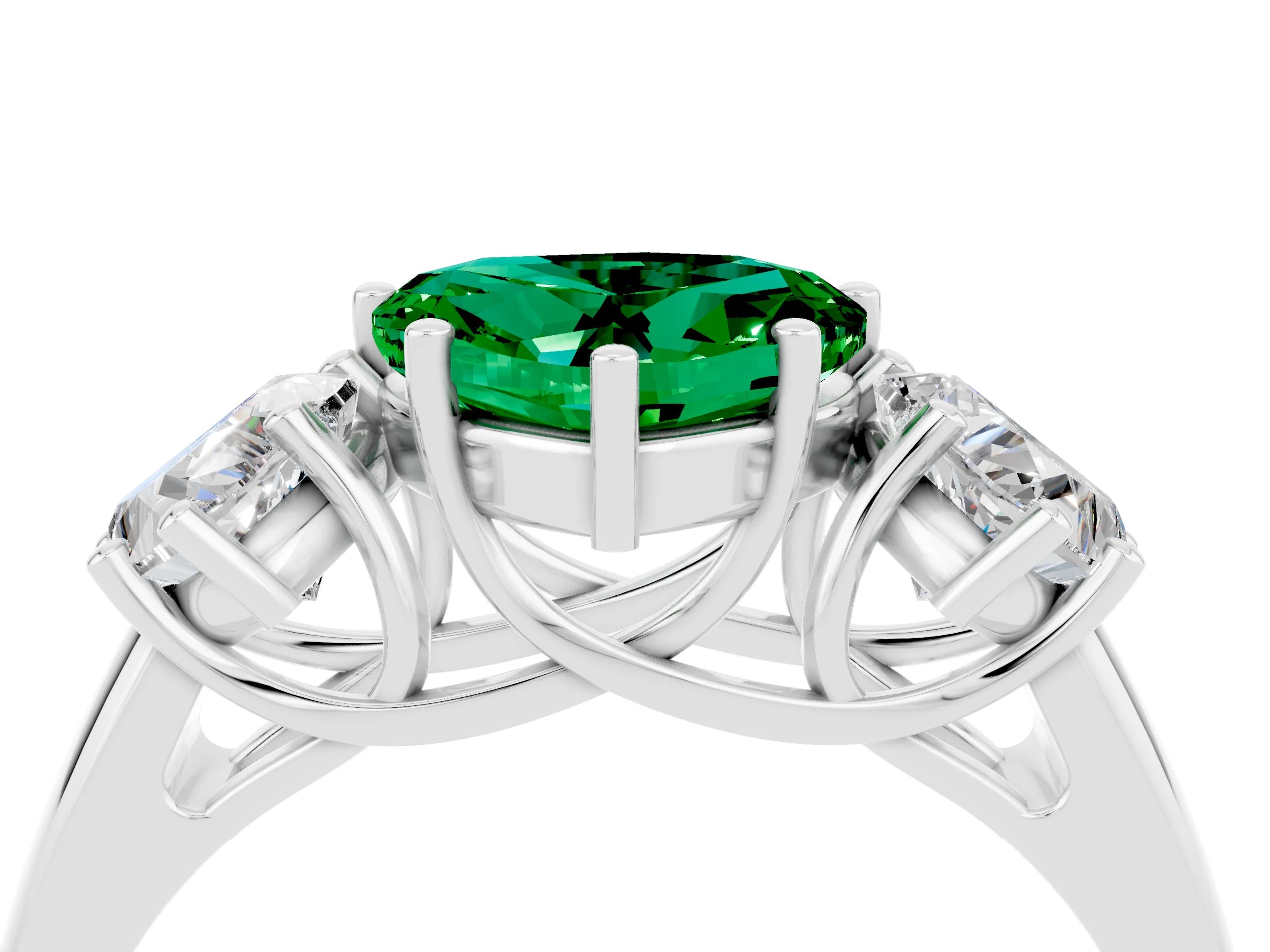 White gold Three-Stone Heart Cut Emerald Engagement Ring with Prong Setting_4