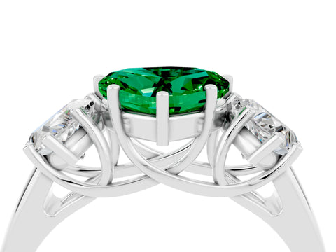 White gold Three-Stone Heart Cut Emerald Engagement Ring with Prong Setting_4