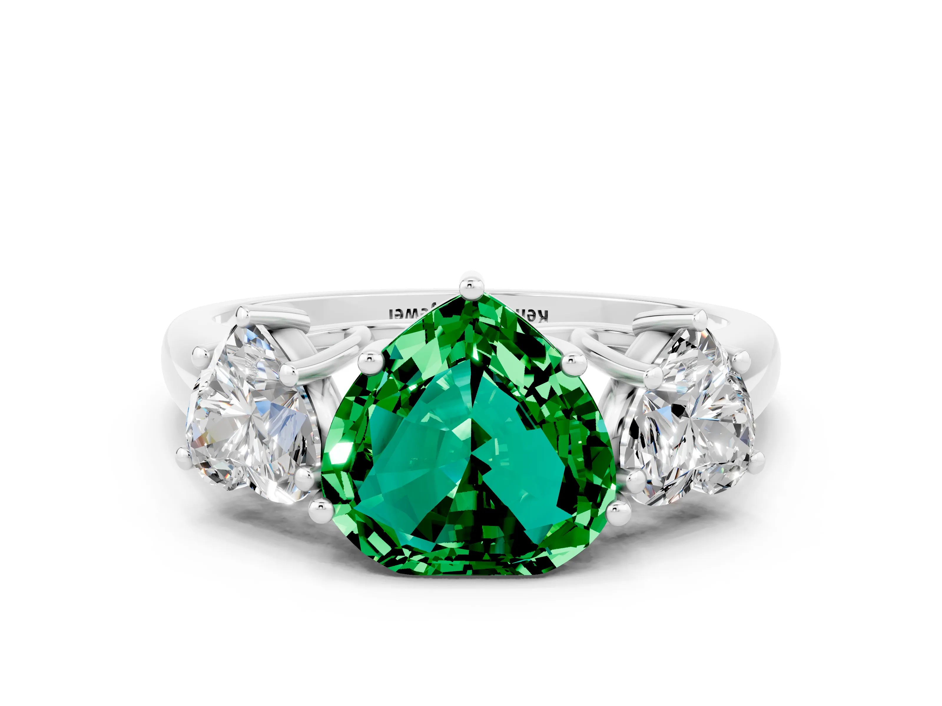 White gold Three-Stone Heart Cut Emerald Engagement Ring with Prong Setting