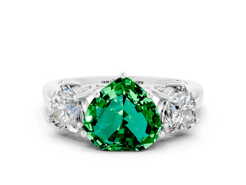 White gold Three-Stone Heart Cut Emerald Engagement Ring with Prong Setting