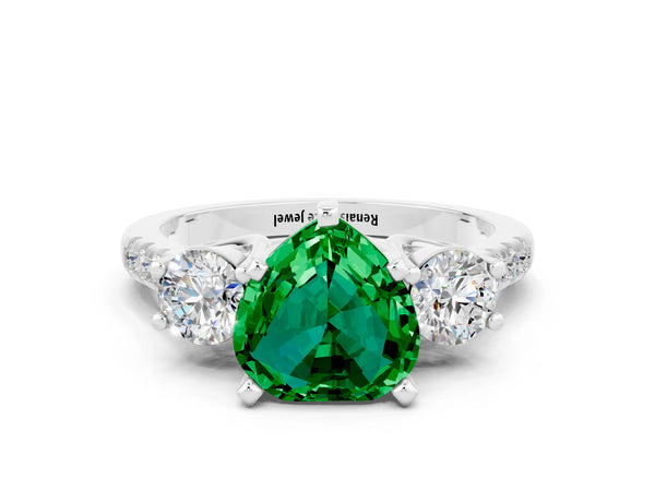 Platinum Three-Stone Heart Cut Emerald Pavé Band with Four-Prong Setting